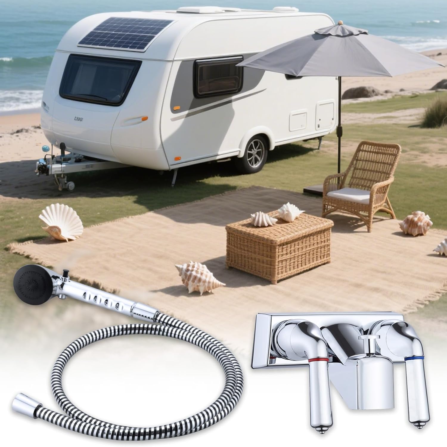 RV Shower Faucet with Hose & Handheld Showerhead, 4" Shower Set Replacement, Leak & Rust Resistant for RV Camper Motorhome Travel Trailer Indoor/Outdoor Use (Chrome)