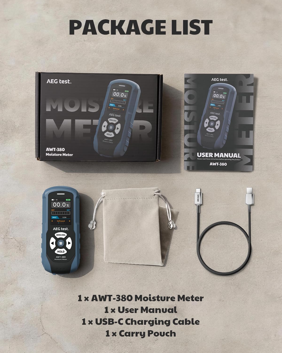 AWT-380 Rechargeable Pinless Moisture Meter for Wood, Drywall & Masonry, Wood Moisture Meter with Color Display, Adjustable Alarm, Data Records, Non-Destructive Water Leak Detector for Home
