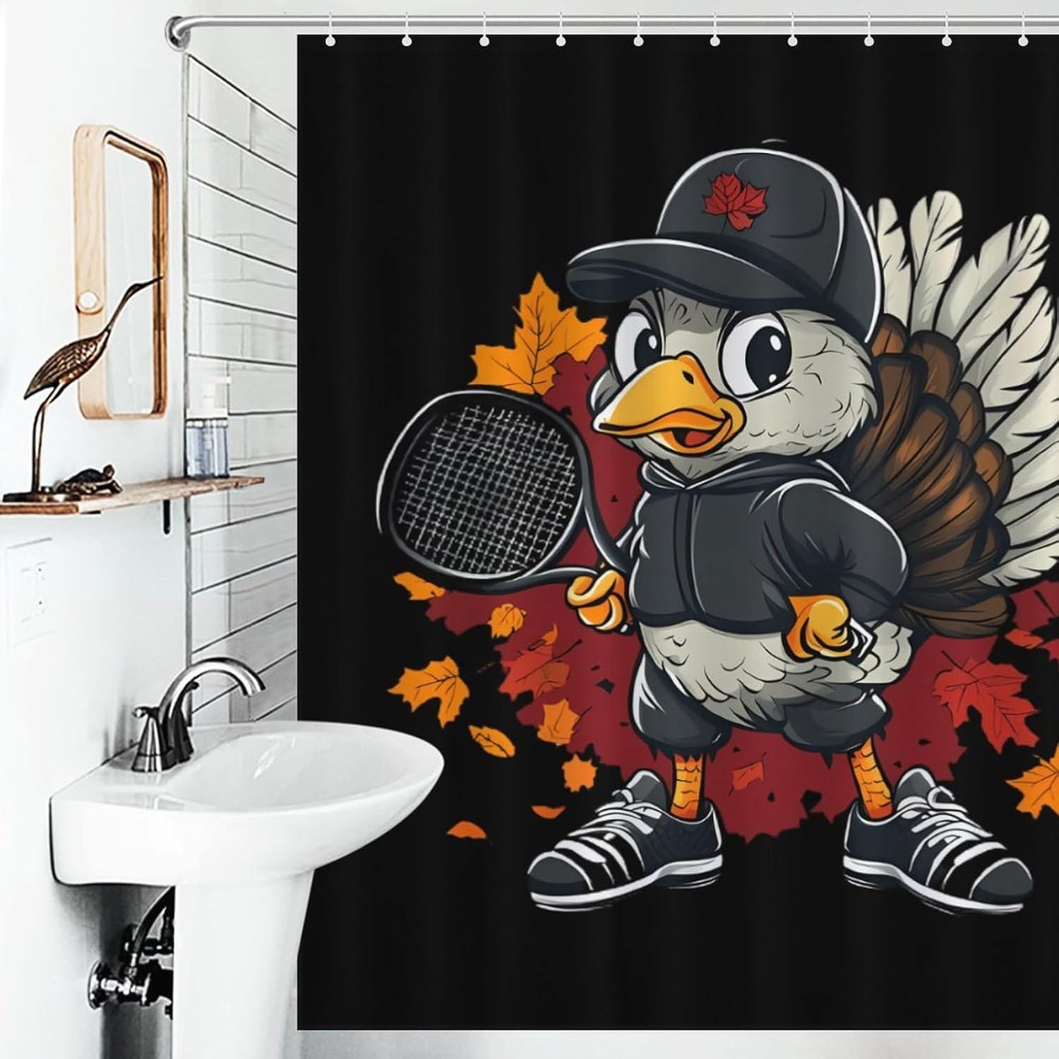 Cute Turkey Playing Tennis Funny Shower Curtains Washable Bath Curtain Liner with Hooks for Bathroom Bath Tubs