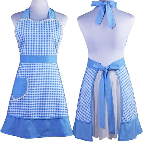 Miniatura 5 de Bonito delantal retro de diseño único para mujeres y niñas con bolsillo elegante para cocinar cocina, color azul, Azul