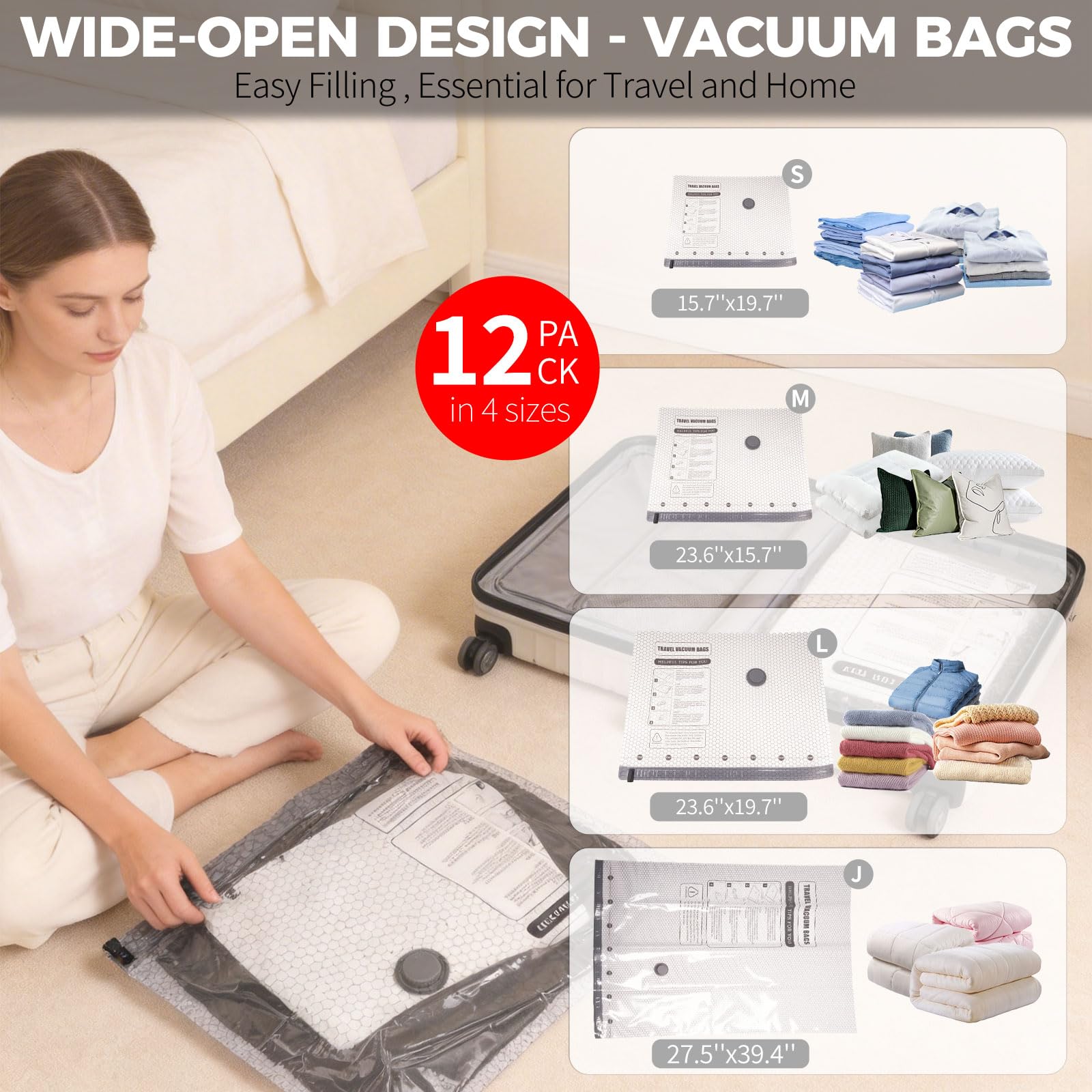 FIRRAX 12 Pack Vacuum Storage Bags with Rechargeable Pump, 4 Sizes