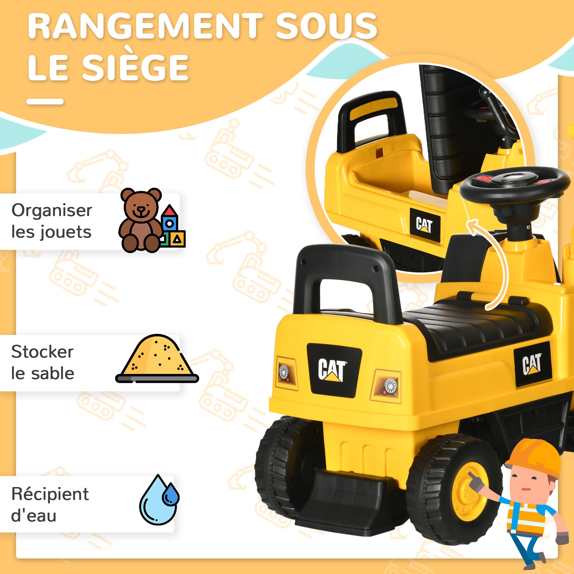 HOMCOM Tractopelle Enfant sous Licence Cat, Porteur Pelleteuse Enfant avec Pelle Manuelle, klaxon et Rangement caché, pour garçons et Filles de 12 à 36 Mois, Jaune