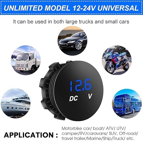 Miniatura 14 de 2 voltímetros de coche CC de 12 a 24 V mini pantalla digital medidor de voltaje impermeable medidor de voltaje redondo brillante voltímetro con Rojo