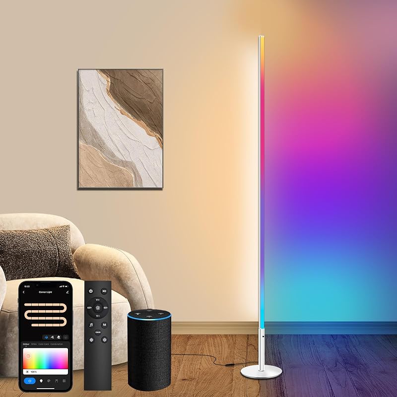Fortand WiFi RGBCW LED Állólámpa - 16 Millió Szín, Távirányítóval, Alexa/Google Home Kompatibilis, Tompítható Saroklámpa Zene Módokkal, Ezüs