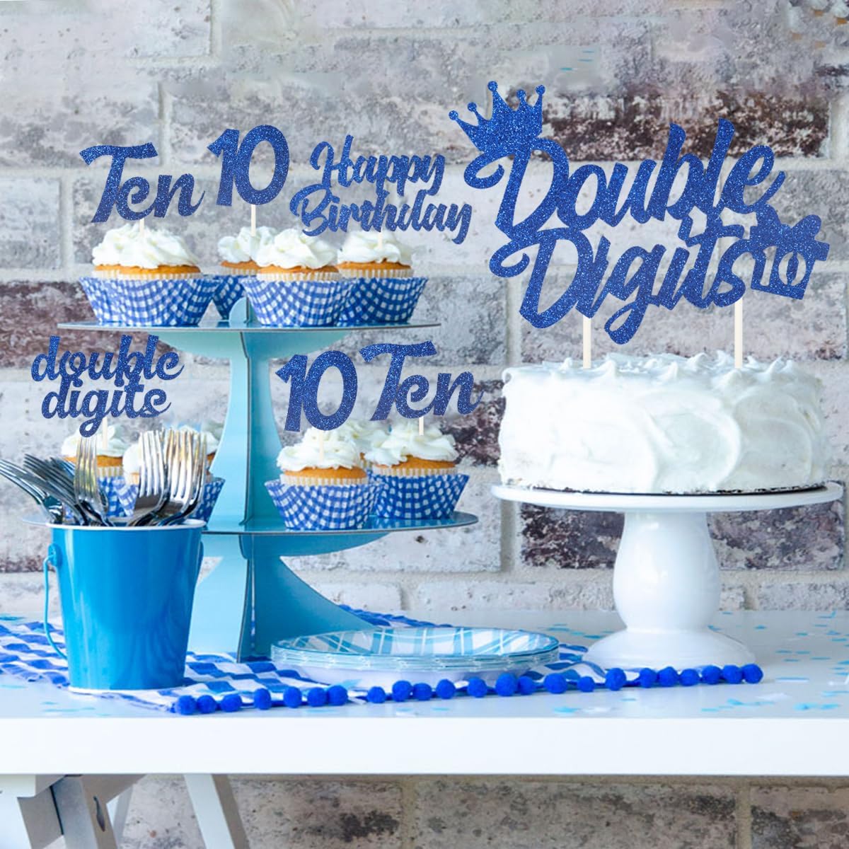 10th Birthday Cake Decorations Blue, Double Digits Cake & Cupcake Topper for Boys Tenth Birthday Party Decorations and Supplies, Cheer to 10 Years Birthday - Total 25 Pcs