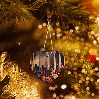 Christmas Heart Shaped Ornaments 1 Pcs, Double-Side Ceramic Xmas Tree Hanging Ornament with Gold String Cool Electric Guitar Personalized Porcelain 2025 Christmas Pendent