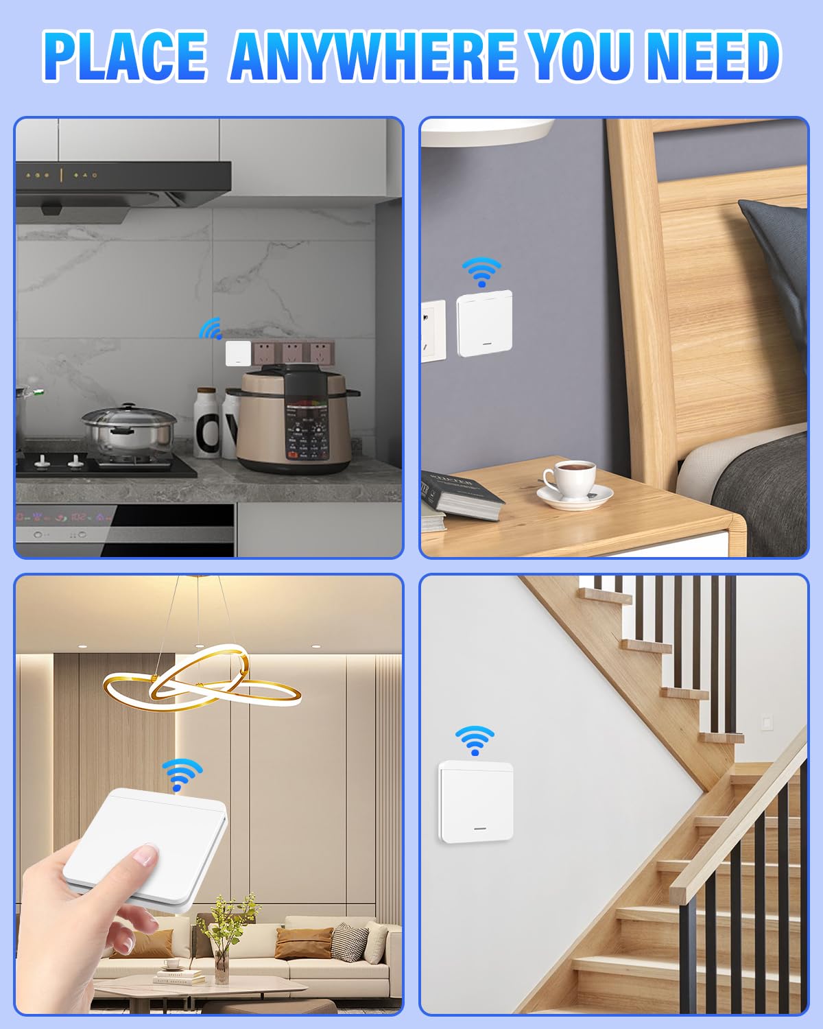 Interruptor inalambrico, 433Mhz 220V wireless light switch, interruptor con mando a distancia alcance de 30 metros,para lámparas de hasta 1500W (2 interruptor + 1 transmisor)