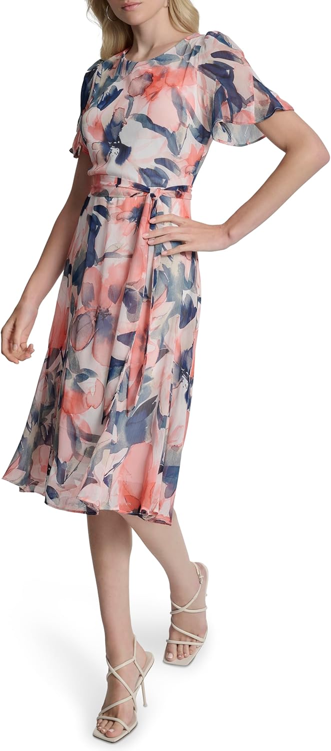 DKNY Womens Flutter Sleeve Round Neck Waist Tie Midi Dress - Image 3