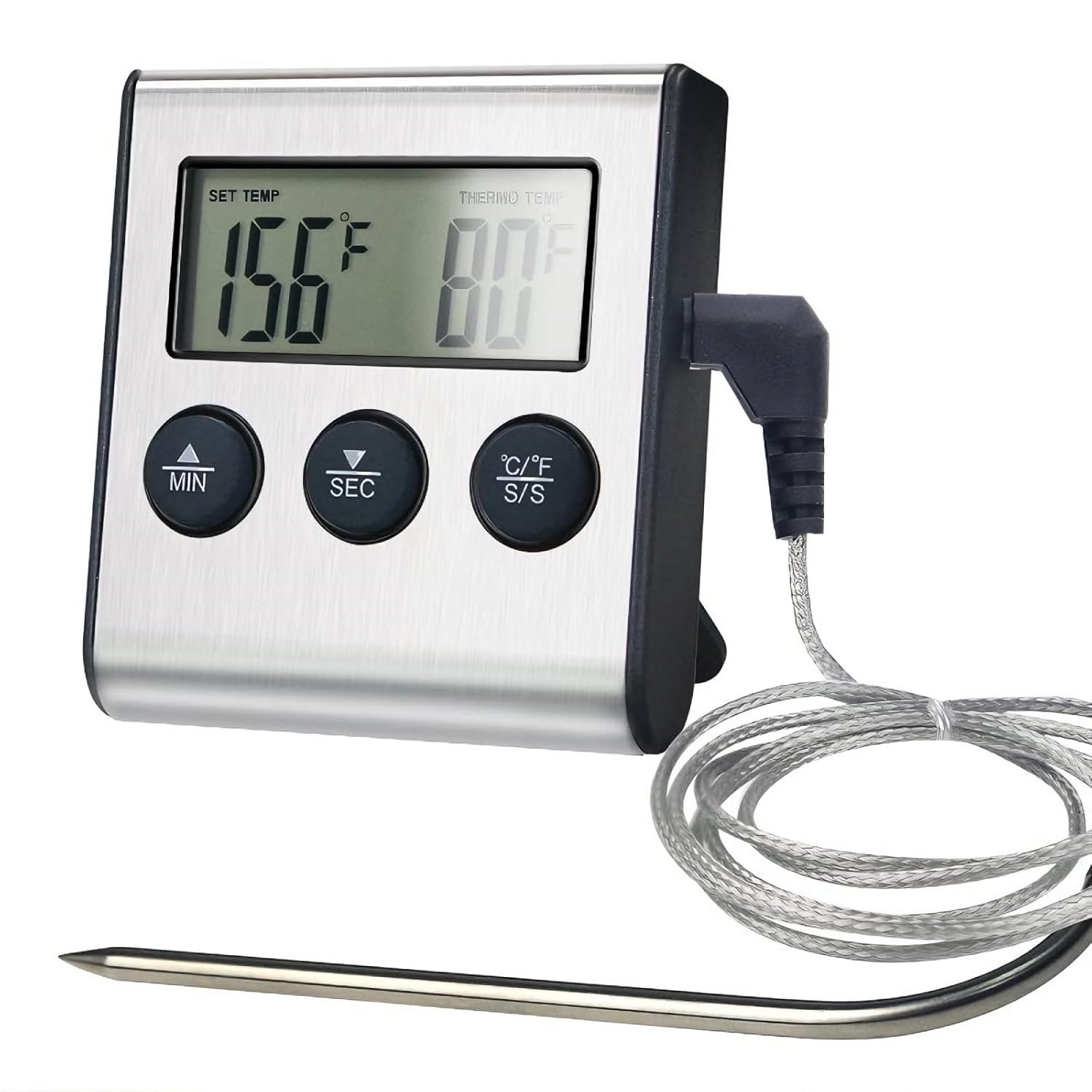 Digitales Grill-Thermometer, Fleischthermometer, Digitales Bratenthermometer mit Edelstahlsonde, Timer-Modus und LCD-Display zum Kochen von Grillgerichten, Fleisch, Ofen,…