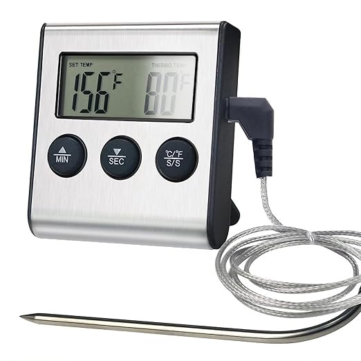 Digitales Grillthermometer, Fleischthermometer 0–250 °C, Bratenthermometer Digital mit Edelstahl Sonde, Timer-Modus und LCD-Display zum Kochen von Grillgerichten Fleisch Ofen Braten Grill