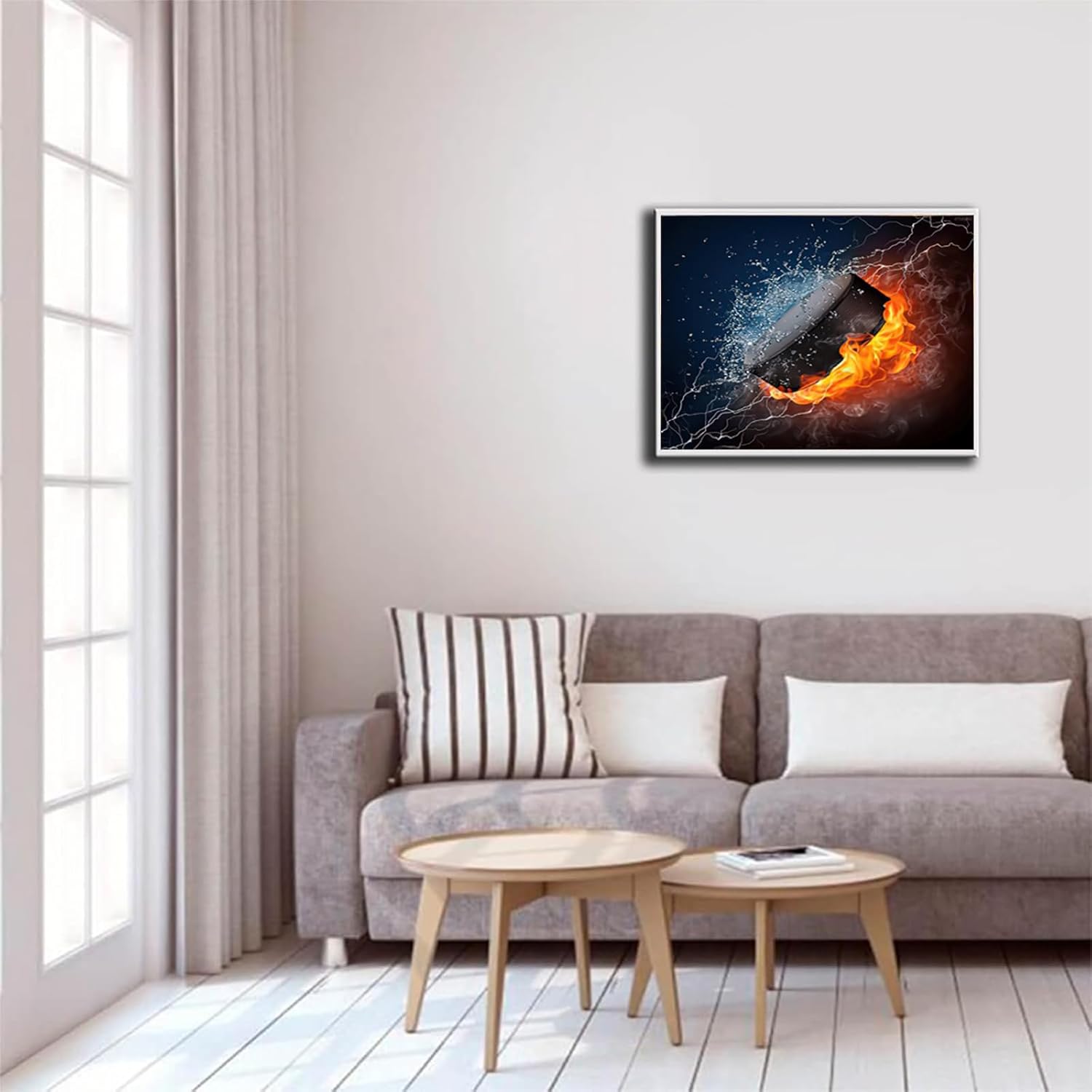 Ice Hockey DIY 5D Diamond Painting Set, Black Hockey Puck Fire and Water Adult Round Drill Rhinestone Embroidery Arts Craft for Home Wall Decor 12x16inch/30x40cm