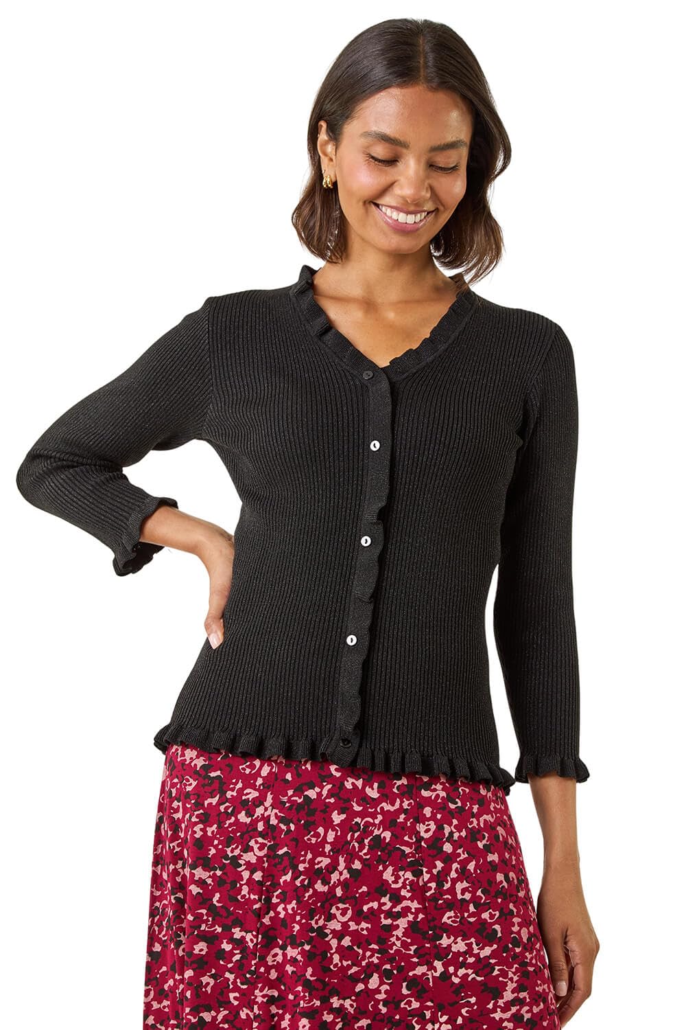 Roman Originals Women's Black V-Neck Ruffle Knit For Uk - Everyday Autumn Winter V-Neckline Comfy Soft Evening Vacation Work Party Night Out - Size 14