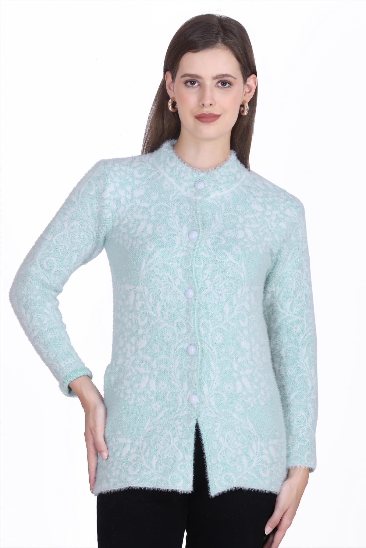 barstow Women's Floral Pattern Cardigan, Mint Green and White, Long Sleeve Button Front-picture-2