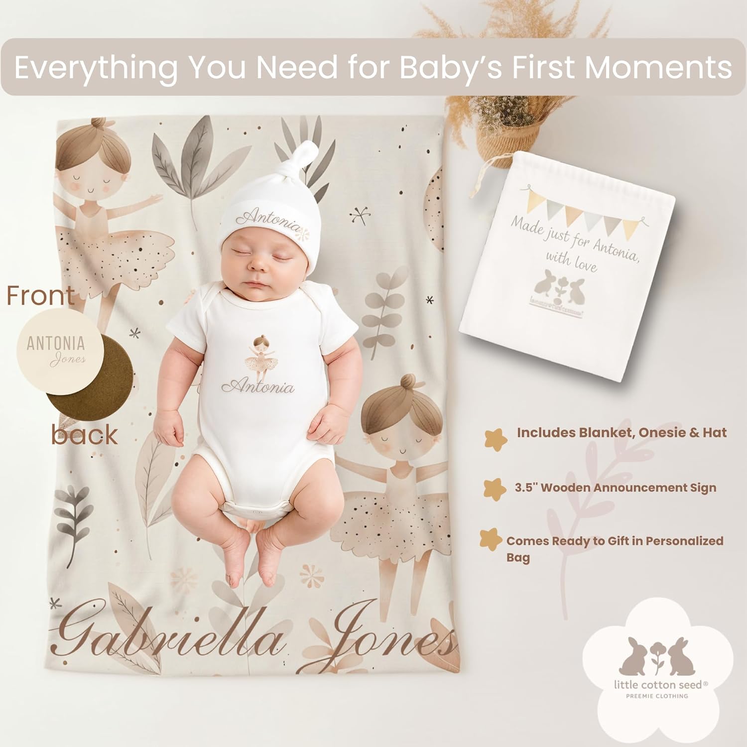 Personalized Newborn Baby Blanket 4 Piece Set Onesie Knot Hat Blanket Name Sign Unisex Coming Home Outfit Layette 0-3M (Ballerina)