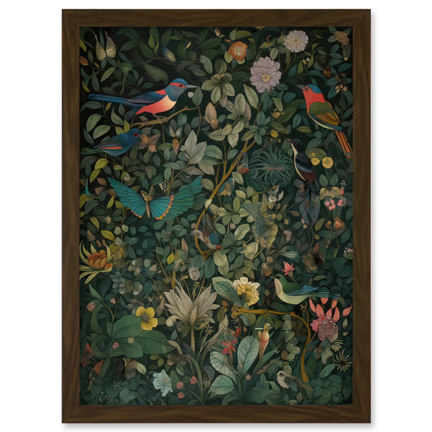 Artery8 Butterflies and Birds on Flowering Shrub Folk Art Artwork Framed Wall Art Print A4