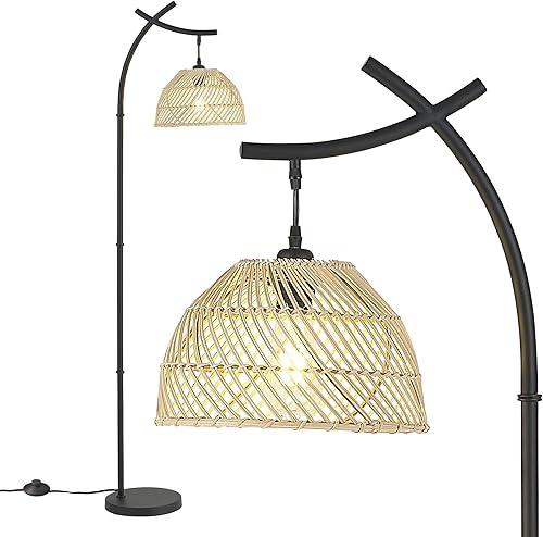 zeyu ZSL82-FL BK - Lámpara de pie industrial de 1 luz para dormitorio, 63 pulgadas de alto, moderna lámpara de pie de ratán con interruptor de pie,