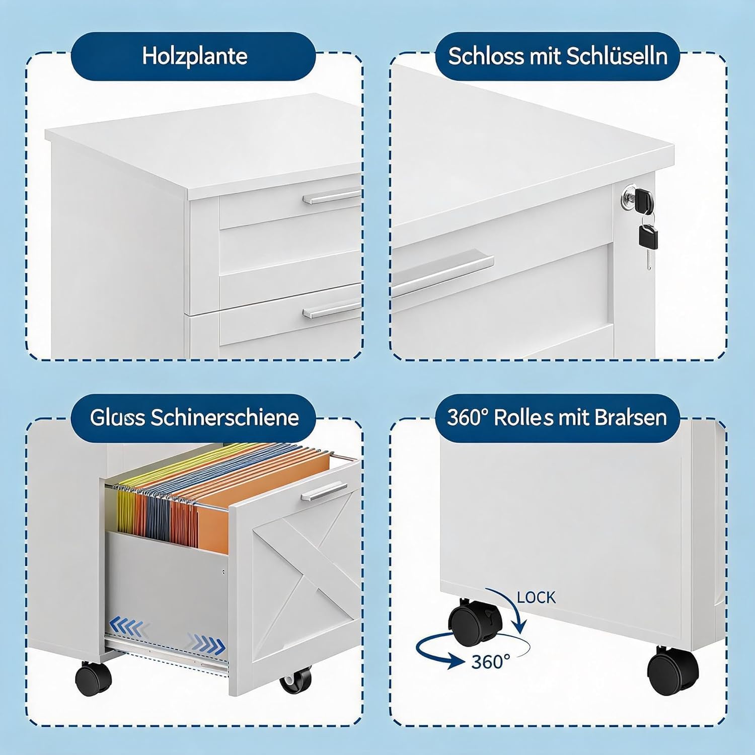 GarveeTech Rollcontainer Büro mit Schloss, 3 Schubladen, mobil, Weiß | 48,5x40x68 cm großer Bürocontainer mit Rollen, ideal für Dokumente, Drucker und Büromaterial im Homeoffice