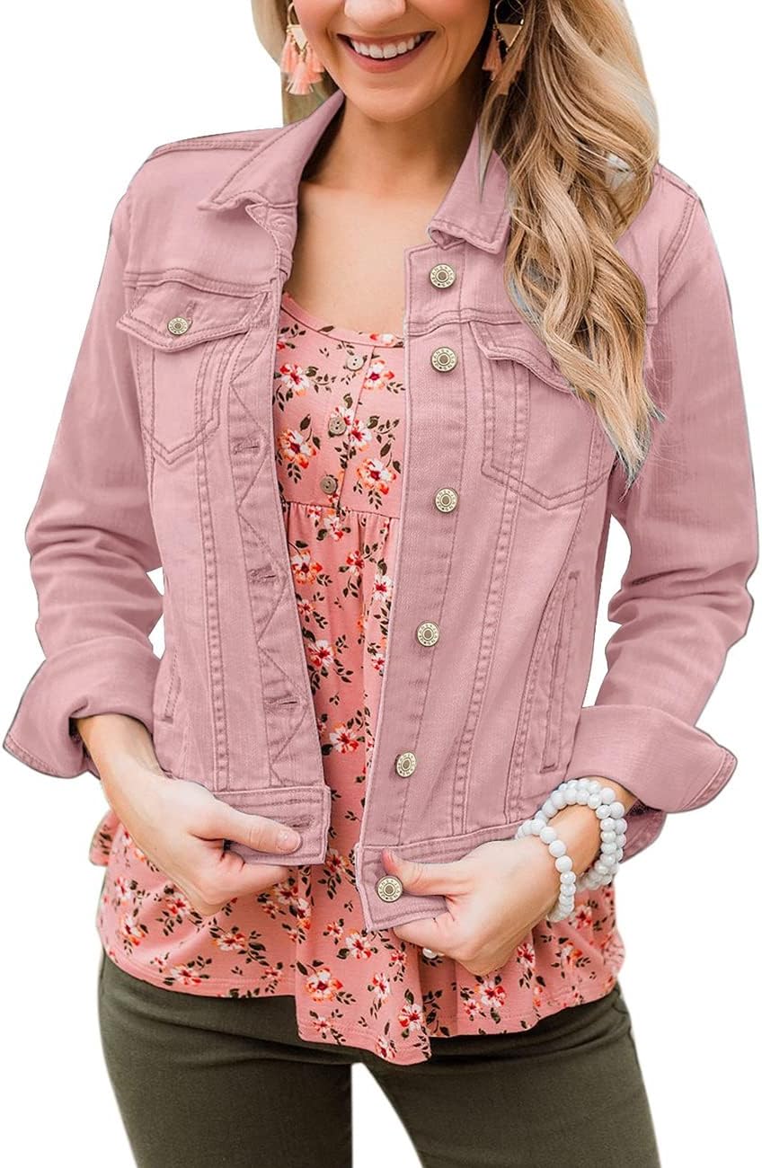 Vetinee Womens Stretch Button Down Long Sleeve Pockets Denim Jean Trucker Jacket - Image 5