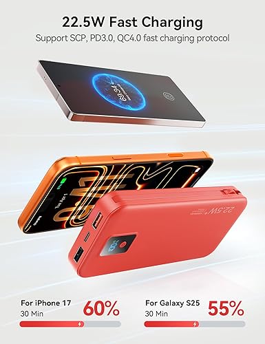 Miniatura 4 de Cargador portátil, cargador de batería de carga rápida de 12000 mAh 22.5 W con cables integrados y enchufe de pared, paquete de batería esencial de