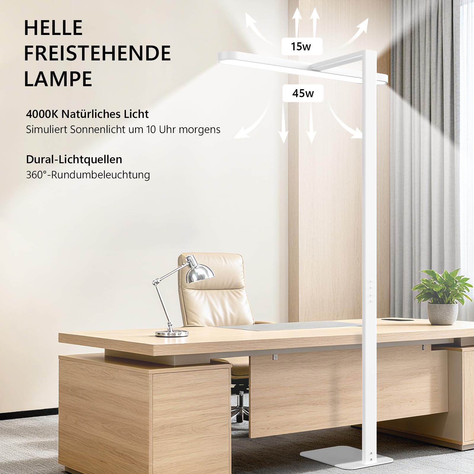 LES FLEURS 60 W LED-Büro-Stehlampe zum Lesen, 4300 lm, dimmbar, 185cm, Weiß | Vollspektrum-Leseleuchte mit Augenschutz, 4000K dimmbare Tageslicht für Wohnzimmer, Schlafzimmer, Arbeitszimmer und Büro