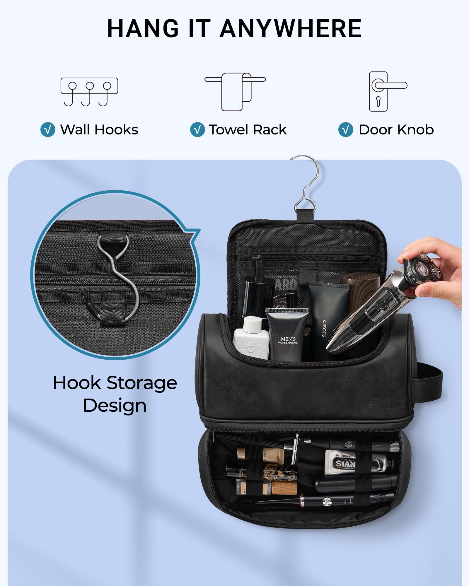 Elviros Beauty case, organizer da viaggio da uomo in pelle con gancio per appenderlo, grande borsa da toilette resistente all'acqua da bagno da donna, nero, Extra Large, Beauty case grande