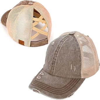 Womens Washed Denim Ponytail Messy Bun Criss Cross Elastic Band Baseball Cap