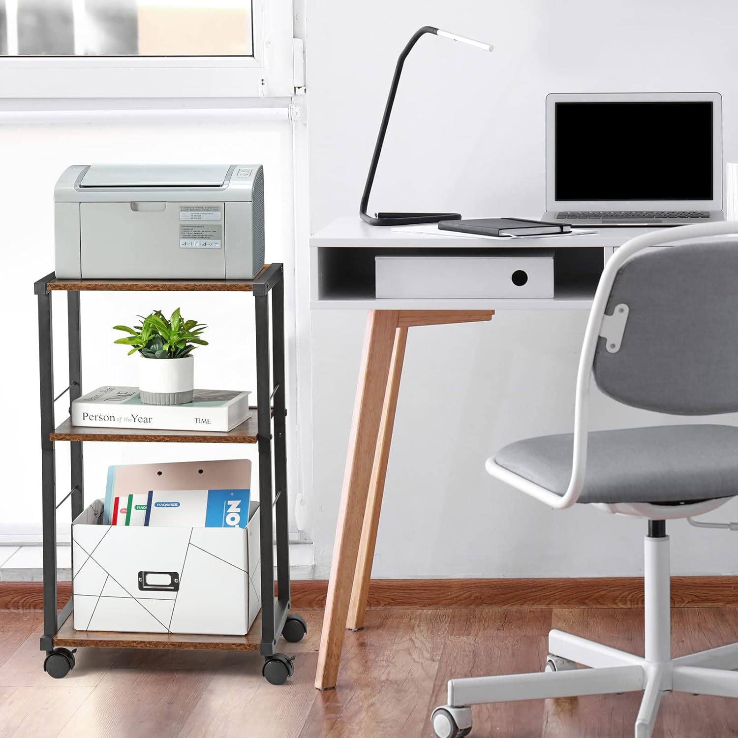 MOOACE Printer Stand, 3 Tier Under Desk Home Printer Cart on Wheels, Industrial Height Adjustable Wood Rolling Printer Table for Fax Machine, Scanner,Rustic Brown and Black : Office Products