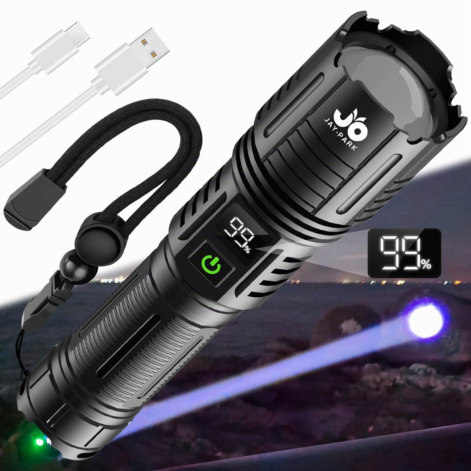 JAY-PARK Torcia LED Potente Professionale 1000000 Lumen, Torcia LED Ricaricabile con Batteria 5000 mAh, Torcia Potente con 5 Modalità, Zoomabile, Impermeabile IPX7 Per Campeggio, Escursioni, Emergenze