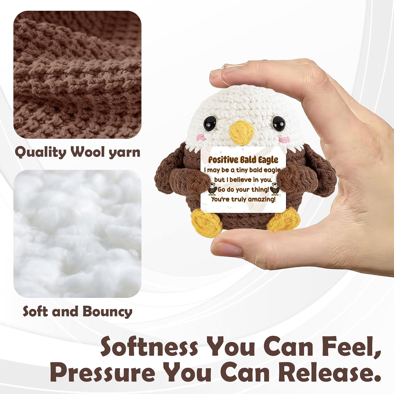 Positive Crochet Bald Eagle Emotional Support Animals with Gift Box - Funny Birthday Gifts for Women Men Coworker - Inspirational Encouragement Desk Decor Easter Basket Stuffer Graduation Self Care