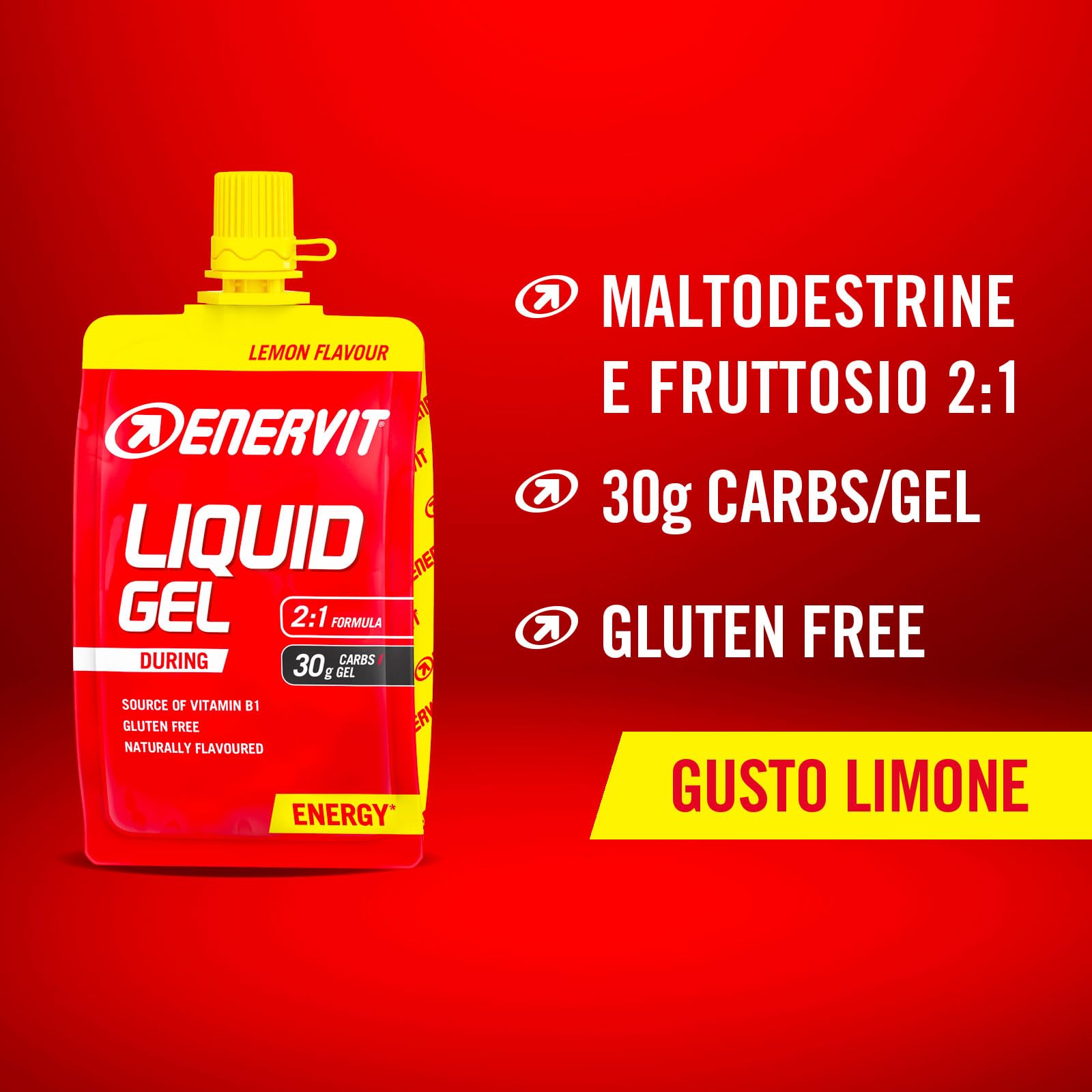 Enervit, Liquid Gel Limone, Gel Energetico con Maltodestrine, Per Sport ad Alta Intensità, 30g di Carboidrati, Tappo Richiudibile, Gusto Limone, VeganOK, Senza Grassi, Senza Glutine, 18 Pack da 60ml