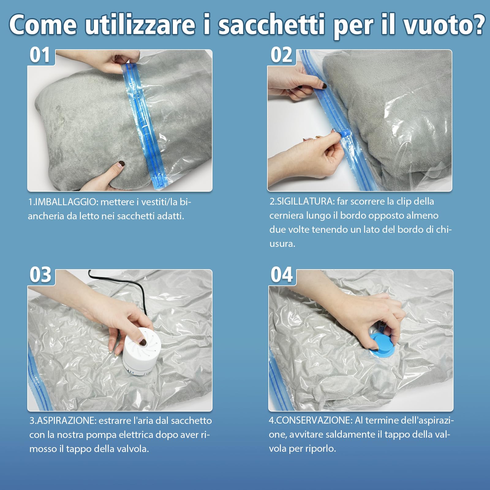 20 Pezzi Sacchetti Sottovuoto Vestiti Buste Sottovuoto Vestiti Piumoni 5 Misure con Pompa Elettrica Sacchi Sottovuoto Piumoni Risparmio 80% Spazio Riutilizzabili per Casa Viaggio