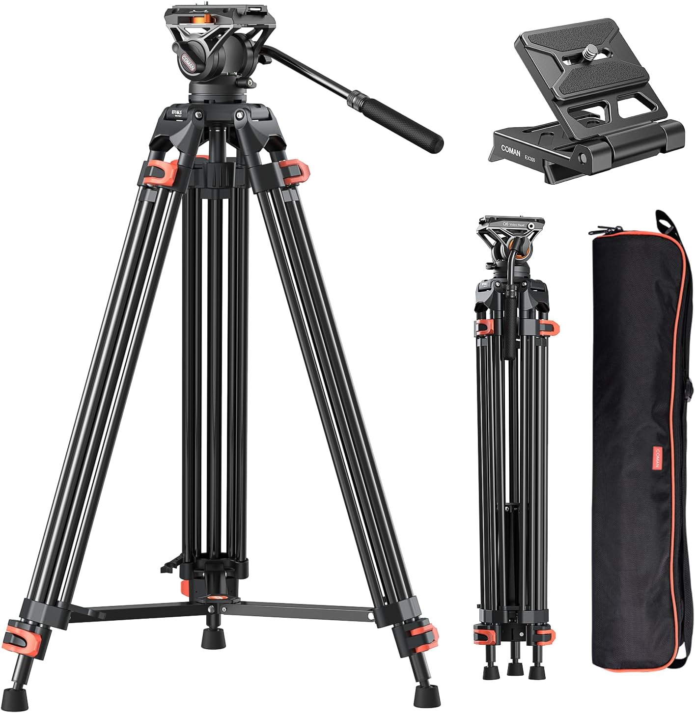 COMAN 74" Camera Tripod, Heavy Duty Video Tripod for Camera with Fluid Head and Aluminium Alloy Max Load 22.04 lbs/ 10KG for Canon Nikon DSLR Camcorder, FF16LS