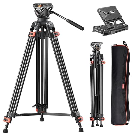 Coman Professional Video Tripod Heavy Duty DV1000 Aluminium Twin Tube 73.2 inch with 360 Degree Hydraulic Fluid Head with Mid-Level Spreader