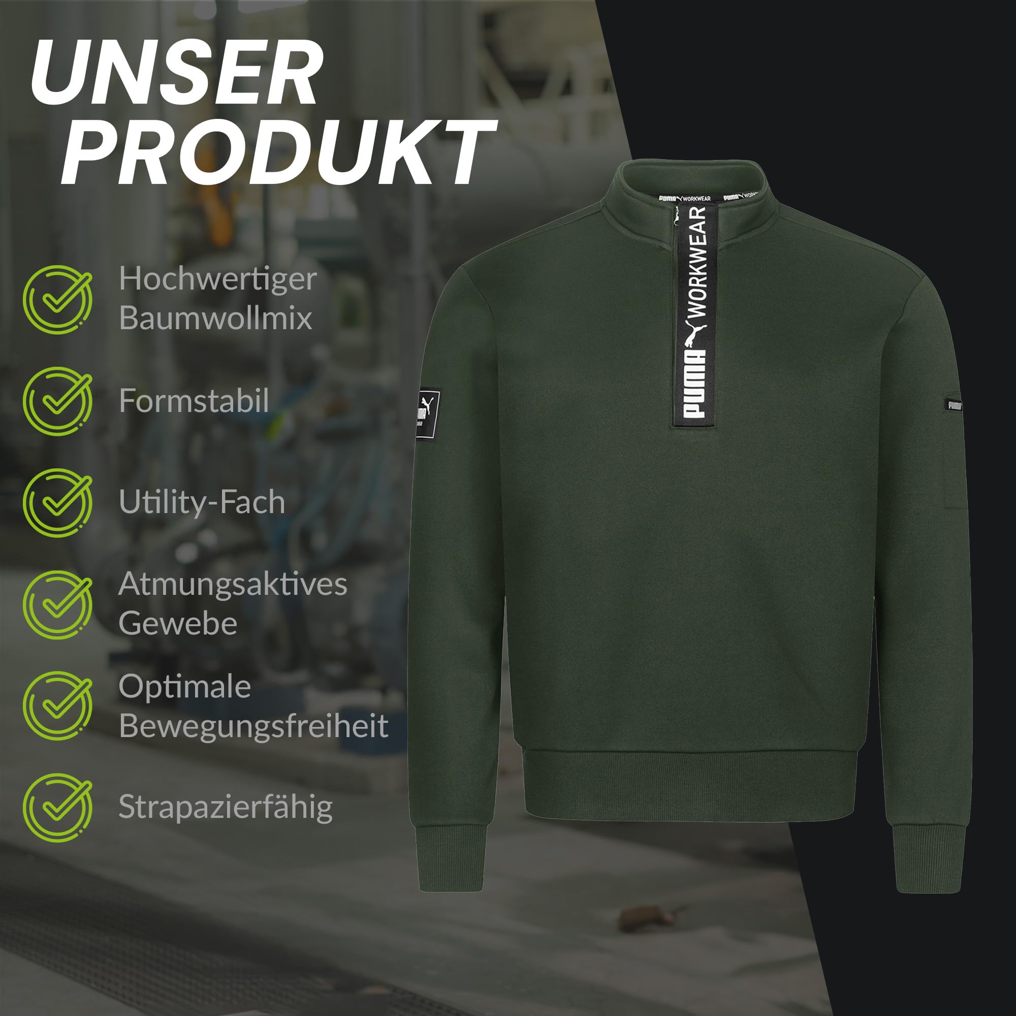 PUMA Workwear Advanced Kollektion - Sweatshirt Herren Pullover mit Reißverschluss - Utility Fach an der Schulter - Robustes und atmungsaktives Gewebe - Für Handwerk und Logistik