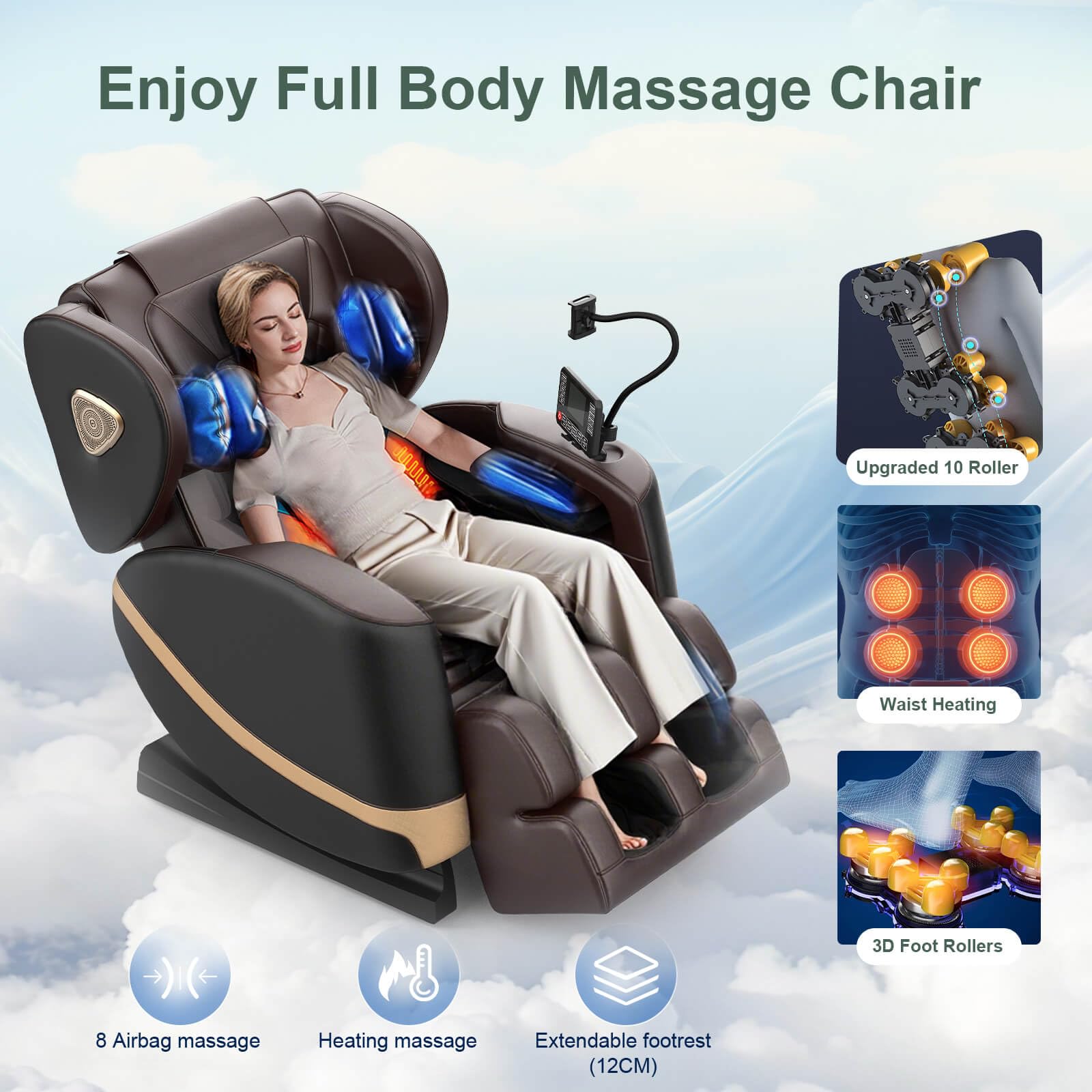 F FURNIMAT Massagesessel Ganzkörper, Zero Gravity Relaxsessel Massagestühle mit Taillen- und Beinheizung, Komfort-Airbags, Fußrollen, 10 Massagerollen, Bluetooth-Lautsprecher, Fernbedienung