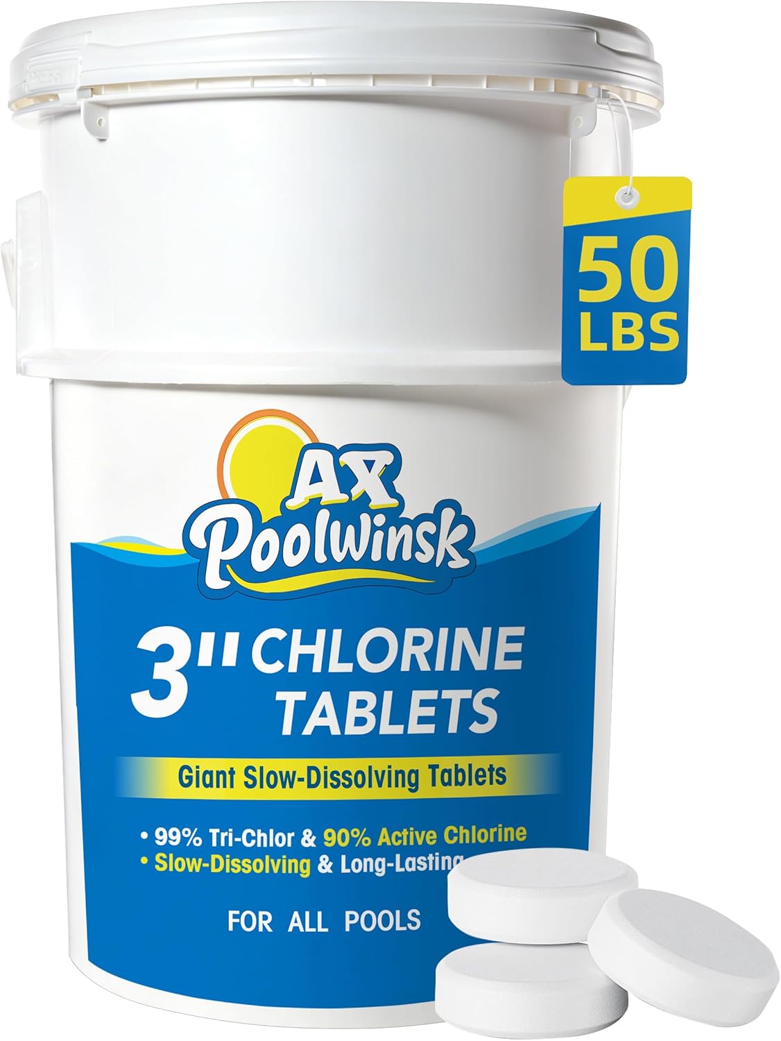 3 Inch Chlorine Tablets 50 lbs, 99% Trichlor, 90% Available Chlorine, Slow Dissolving Stabilized Pool Sanitizer, Kills Bacteria & Controls Algae for Swimming Pools - 50 Pound