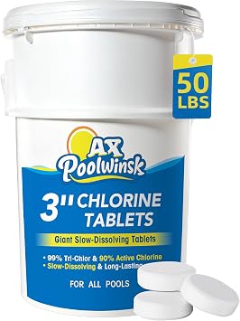 3 Inch Chlorine Tablets 50 lbs, 99% Trichlor, 90% Available Chlorine, Slow Dissolving Stabilized Pool Sanitizer, Kills Bacteria & Controls Algae for Swimming Pools - 50 Pound
