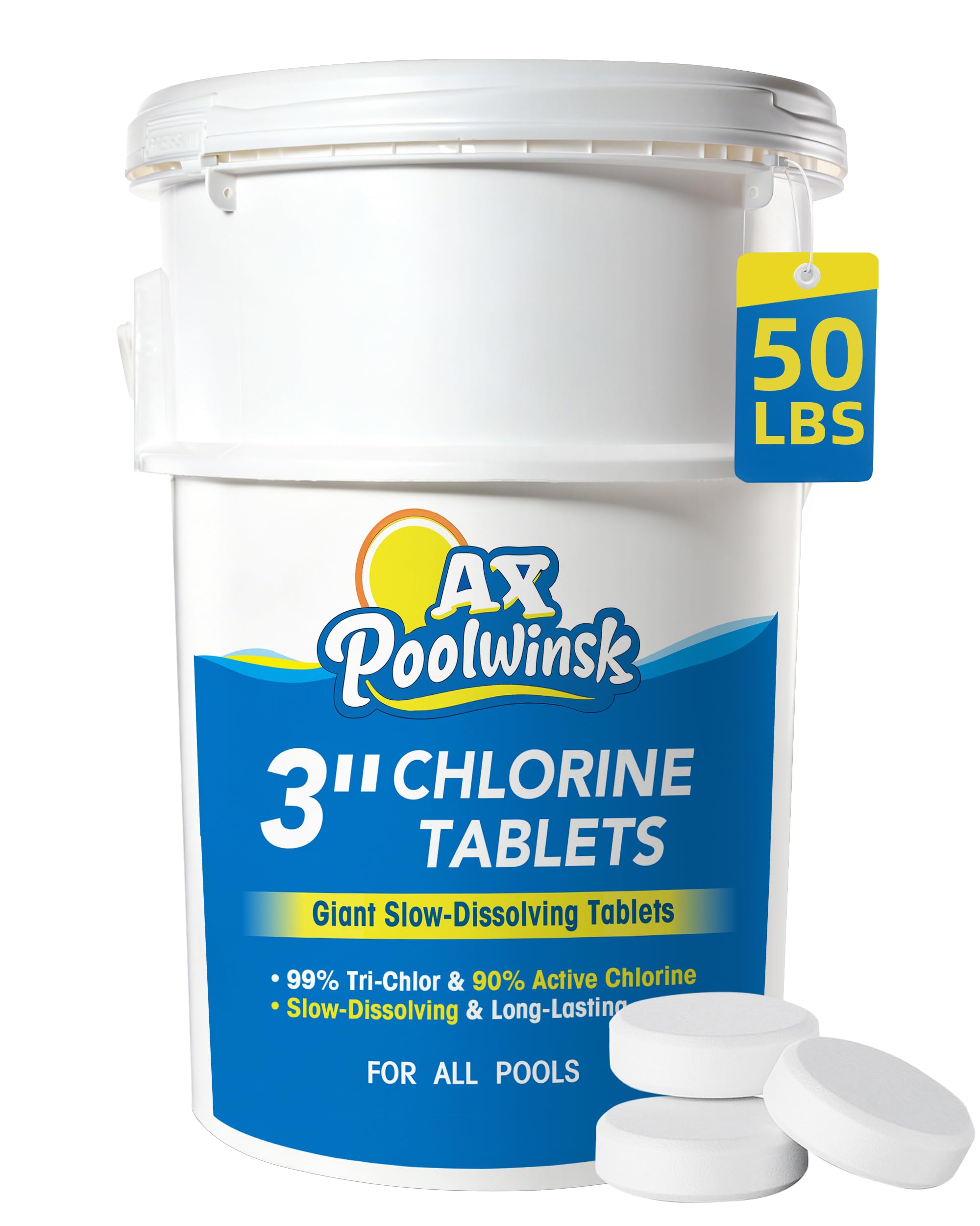 3 Inch Chlorine Tablets 50 lbs, 99% Trichlor, 90% Available Chlorine, Slow Dissolving Stabilized Pool Sanitizer, Kills Bacteria &amp; Controls Algae for Swimming Pools - 50 Pound