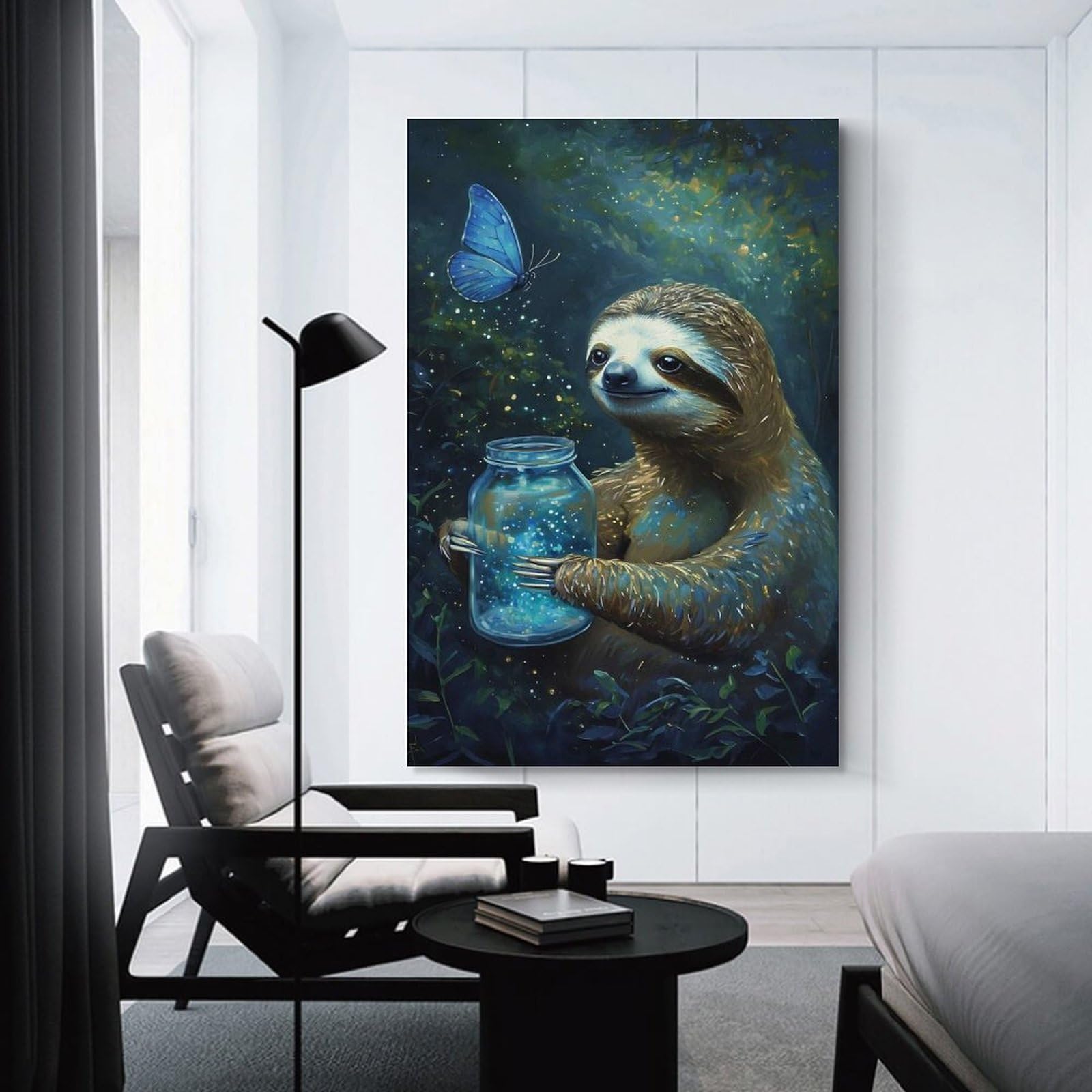 Junmoney Sloth with Firefly Jar Hanging Wall Art, 24x36inch(60x90cm), for New Homes, Bedrooms Or Workspaces, Thoughtful Wall Decor for Art Lovers
