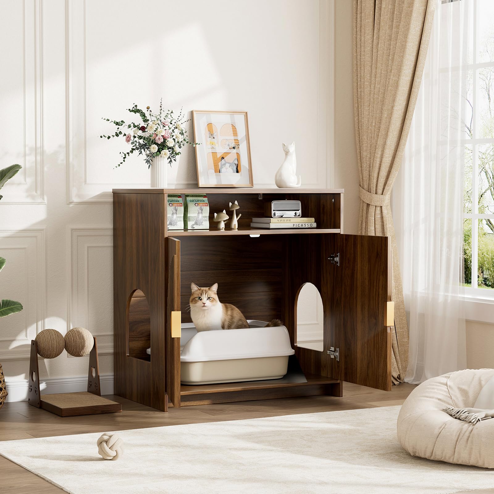 Cat Litter Box Enclosure, Cat Litter Box Furniture with Storage, Modern Fluted Arched Hidden Litter Box with Dual Entry, Waterproof Cat Box Enclosure, Side Table, Walnut - image 3