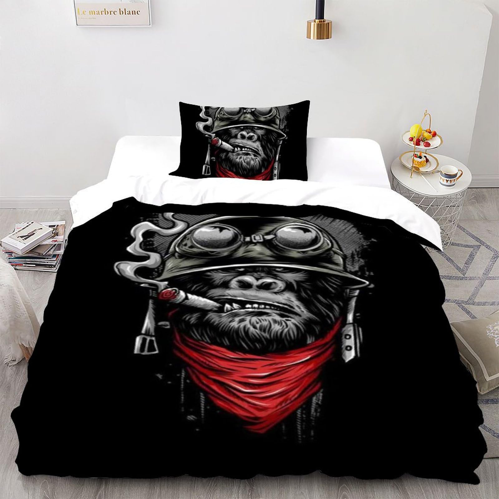 Housse de couette singe microfibre noire anti-plis lit enfant