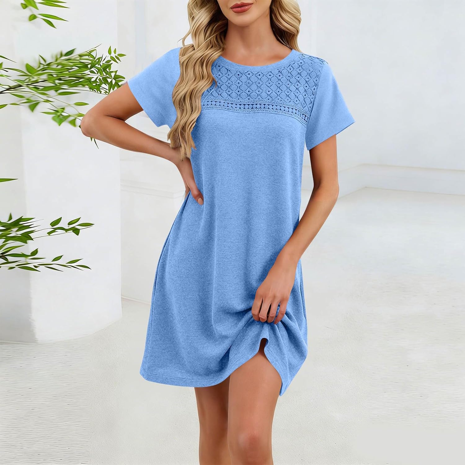 Women's Summer Lace T Shirt Dress Short Sleeve Casual Crew Neck Mini Dresses with Pockets Spring Vacation Outfits
