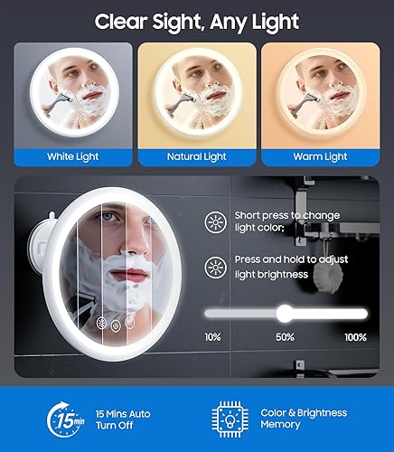 Miniatura 5 de Espejo de ducha iluminado con aumento 3X, sin niebla para afeitar, 5000 mAh, recargable, de 8.3 pulgadas, con calefacción, sin niebla, espejo de