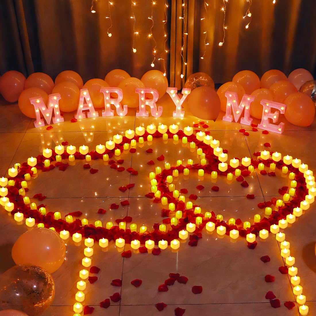 2031Pcs MARRY ME Leuchtbuchstaben als Dekoration für Heiratsanträge, Heiratsantrag Deko mit MARRY ME-Schild+24 Flammenlosen Herzkerzen+2000 Rosenblättern für Verlobung deko Romantische Nachtdekoration