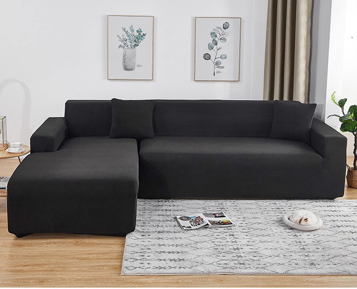 Housse de canapé extensible en L noire protection de meuble 2 places