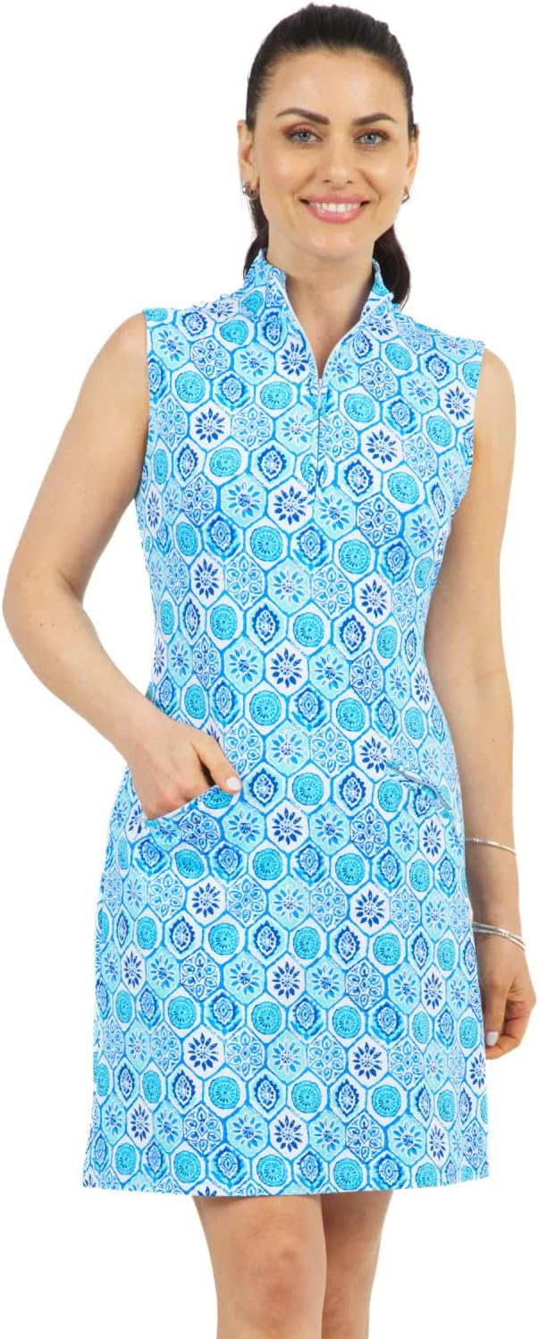 IBKUL Athleisure Wear Sun Protective UPF50+ Icefil Cooling Quick Dry Terra Print Sleeveless Mock Dress – 58264 Seafoam/Blue Terra S