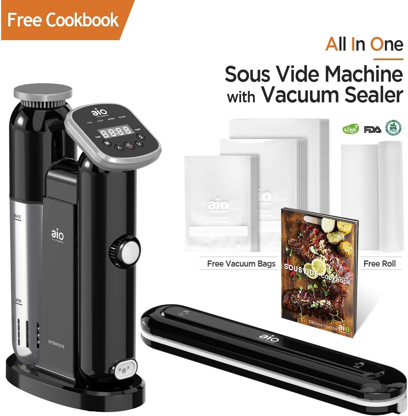 AIO Sous Vide Cooker - Powerful 1000 Watt Professional Model - 120V - Includes Vacuum Sealer - 15 Vacuum Bags - 1 16ft Roll - Cookbook - Immersion Circulator - Precision Thermal Kitchen Cooking Machine - Accurate to 0.2 degrees F - Ultra Quiet