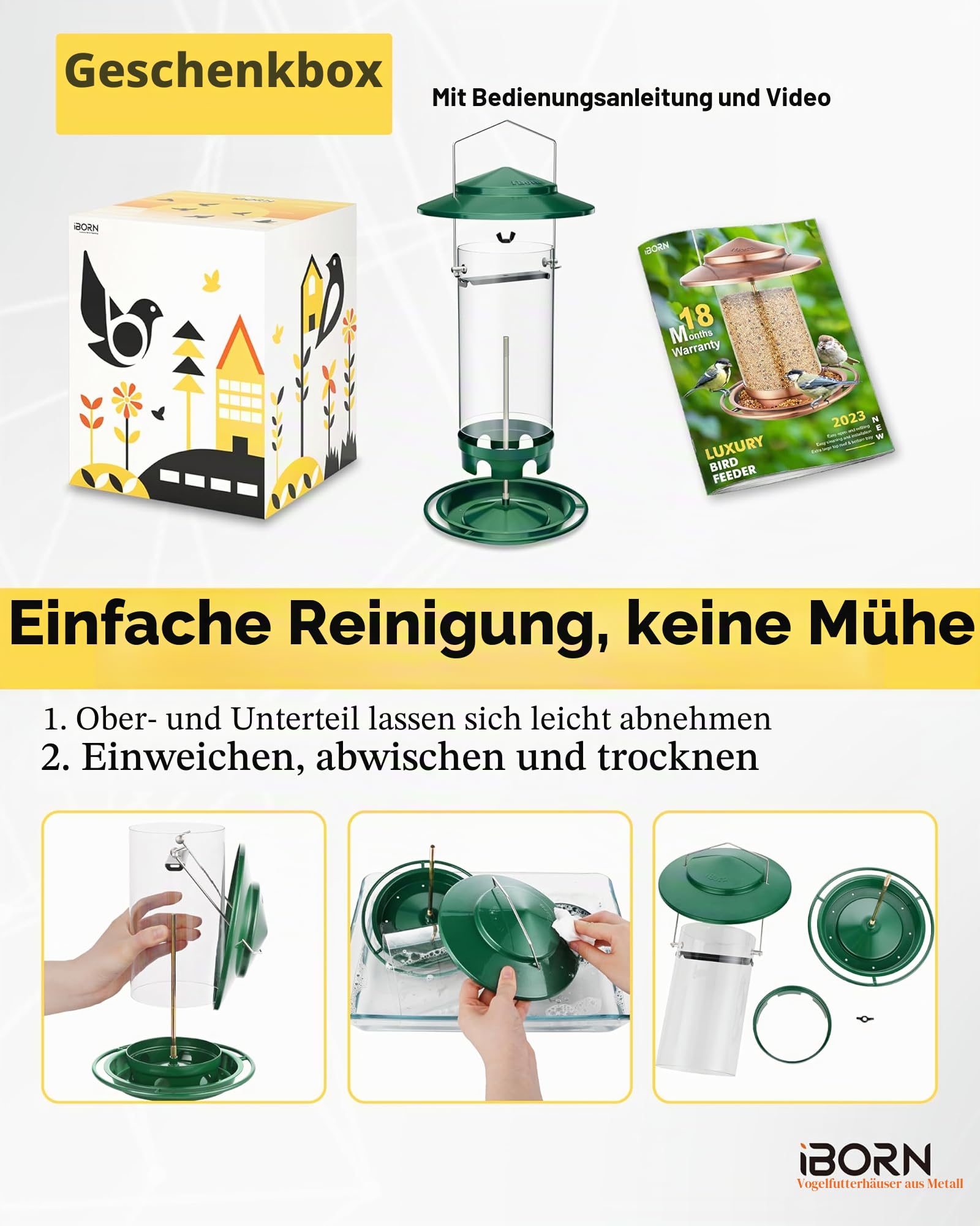 iBorn Vogelfutterspender,Metall Vogelhaus zum Aufhängen,Futterhaus für Vogel mit Futterschale,6 Futterlöcher,18 cm Wetterfest Dach,Ganzjährige Vogelfütterung,Wildvögel Futtersilo,Grün