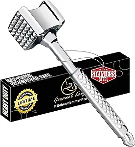 Stainless Steel Meat Tenderizer Tool, Premium Meat Mallet with Non-Slip Grip, Dual-sided Kitchen Mallet Ideal for Tenderizing Steak, Poultry & Chicken Cutlet, Dishwasher Safe with Lifetime Replacement
