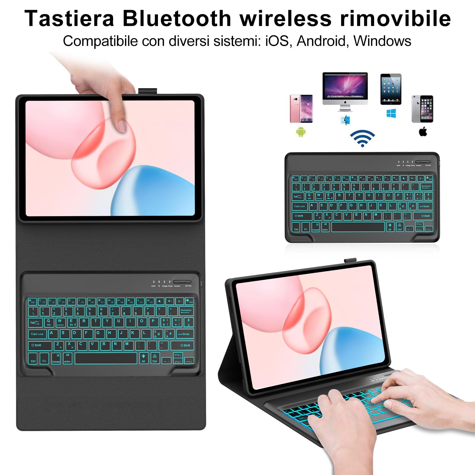IVEOPPE Tastiera per HONOR Pad 10 12.1 Pollici 2025, Cover con Tastiera Rimovibile, Keyboard Italiano QWERTY 7 Colori Illuminato, Custodia con Portapenna, Nero